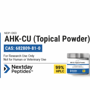 AHK-Cu topical powder research compound vial — ≥99% HPLC purity, CAS 682809-81-0, blue-green powder, Nextday Peptides