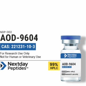 AOD-9604 HGH fragment research peptide vial — ≥99% HPLC purity, CAS 221231-10-3, lyophilized powder, Nextday Peptides