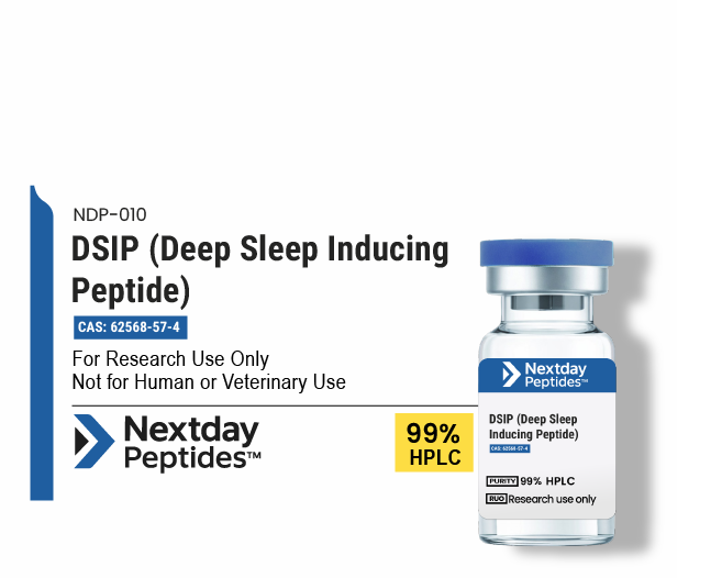 DSIP Delta Sleep-Inducing Peptide research vial — ≥99% HPLC purity, CAS 62568-57-4, lyophilized powder, Nextday Peptides
