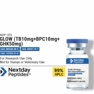 GLOW peptide blend research vial — TB-500, BPC-157, GHK-Cu, 70mg lyophilized powder, ≥99% HPLC purity, Nextday Peptides