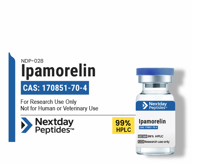 Ipamorelin research peptide vial — ≥99% HPLC purity, CAS 170851-70-4, lyophilized powder, Nextday Peptides
