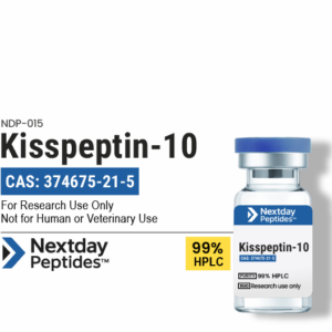 Kisspeptin-10 research peptide vial — ≥99% HPLC purity, CAS 374675-21-5, lyophilized powder, Nextday Peptides