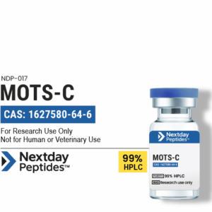 MOTS-C research peptide vial — ≥99% HPLC purity, CAS 1627580-64-6, lyophilized powder, Nextday Peptides
