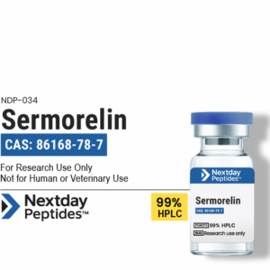 Sermorelin GHRH research peptide vial — ≥99% HPLC purity, CAS 86168-78-7, lyophilized powder, Nextday Peptides