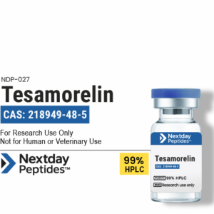 Tesamorelin GHRH analog research peptide vial — ≥99% HPLC purity, CAS 218949-48-5, lyophilized powder, Nextday Peptides