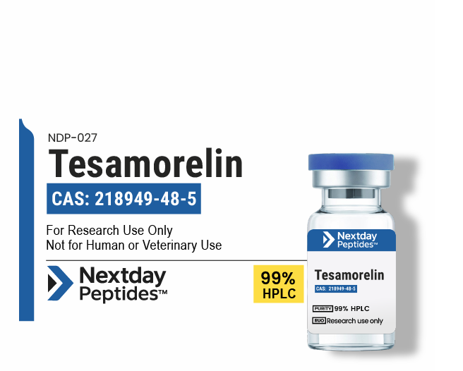 Tesamorelin GHRH analog research peptide vial — ≥99% HPLC purity, CAS 218949-48-5, lyophilized powder, Nextday Peptides