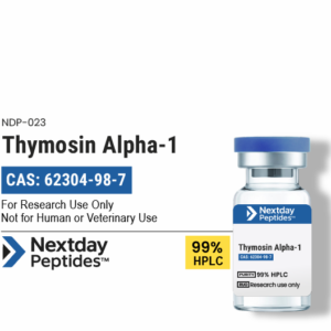 Thymosin Alpha-1 research peptide vial — ≥99% HPLC purity, CAS 62304-98-7, lyophilized powder, Nextday Peptides