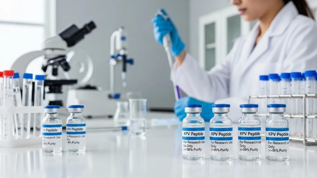 Laboratory setting with KPV peptide vials showcasing high-purity research materials and scientific exploration