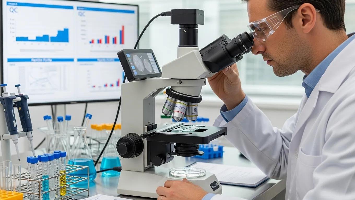 Scientist performing quality checks on peptide samples in a laboratory setting